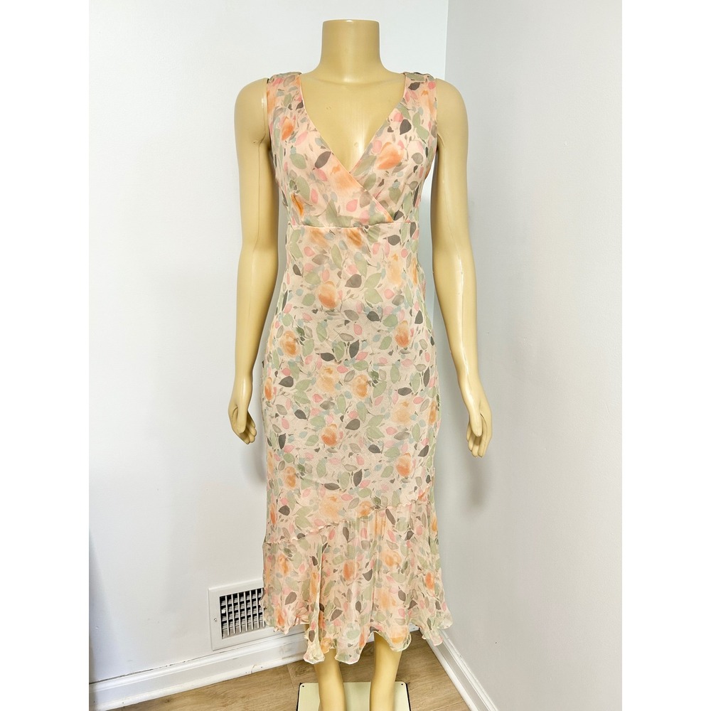 Y2K Mimi Maternity Silk Floral Midi Dress Peach V-Neck Ruffle Whimsy Fairy Small